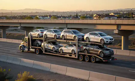 Car transporter with the Springville, Utah, United States skyline behind it