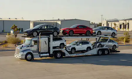 Car transporter loaded with vehicles in St. George, Utah, United States