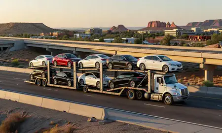 Car transporter with the St. George, Utah, United States skyline behind it