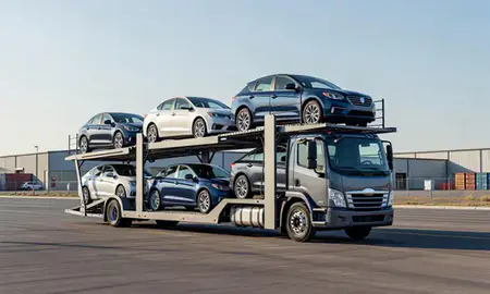Car transporter loaded with vehicles in Taylorsville, Utah, United States