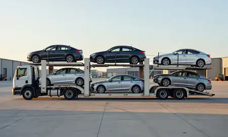 Car transporter parked in an industrial area of Tooele, Utah, United States