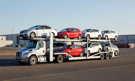 Car transporter loaded with vehicles in Tooele, Utah, United States