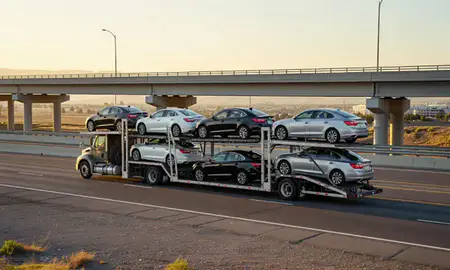 Car transporter with the Tooele, Utah, United States skyline behind it