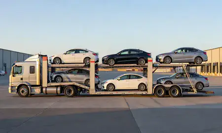 Car transporter parked in an industrial area of West Jordan, Utah, United States