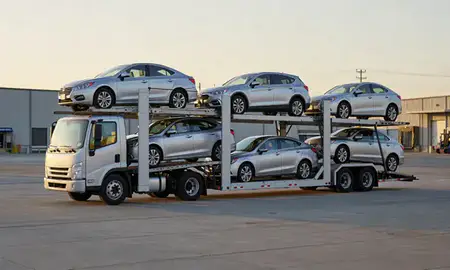 Car transporter loaded with vehicles in West Jordan, Utah, United States