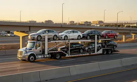 Car transporter with the West Jordan, Utah, United States skyline behind it