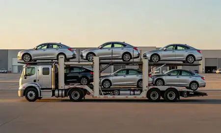 Car transporter parked in an industrial area of West Valley City, Utah, United States