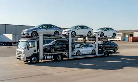 Car transporter loaded with vehicles in West Valley City, Utah, United States