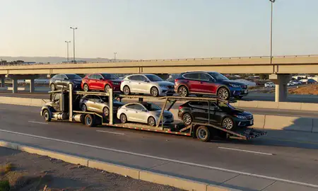 Car transporter with the West Valley City, Utah, United States skyline behind it