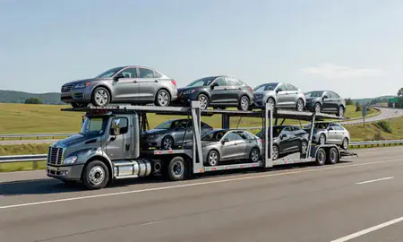 Multi-level car carrier on the highway to Vermont, United States