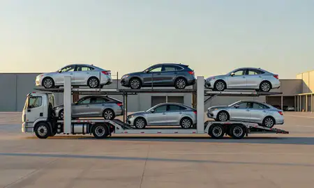 Car transporter parked in an industrial area of Vermont, United States