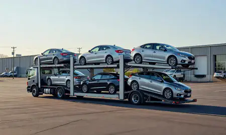 Car transporter loaded with vehicles in Vermont, United States