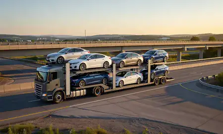 Car transporter with the Vermont, United States skyline behind it