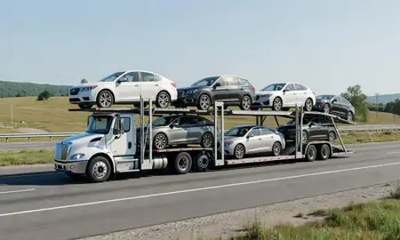 Multi-level car carrier on the highway to Barre, Vermont, United States