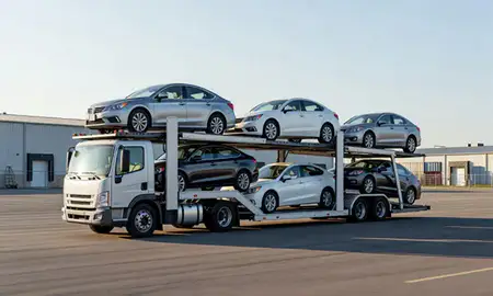 Car transporter loaded with vehicles in Barre, Vermont, United States