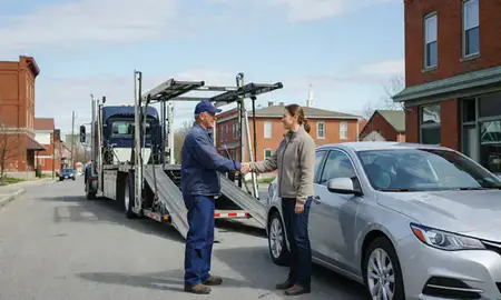 Vehicle owner beside their delivered car in Bellows Falls, Vermont, United States