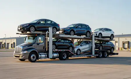 Car transporter loaded with vehicles in Bellows Falls, Vermont, United States
