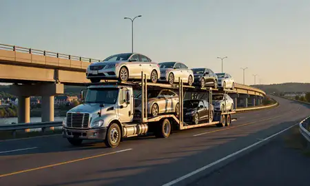 Car transporter with the Bellows Falls, Vermont, United States skyline behind it