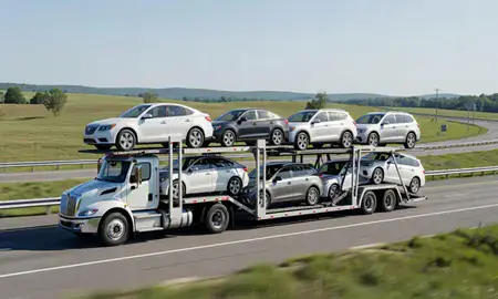 Multi-level car carrier on the highway to Burlington, Vermont, United States