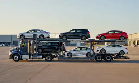 Car transporter parked in an industrial area of Burlington, Vermont, United States
