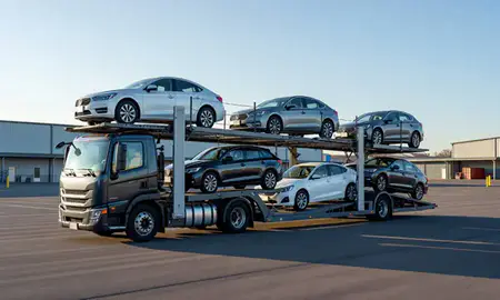 Car transporter loaded with vehicles in Burlington, Vermont, United States