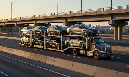 Car transporter with the Burlington, Vermont, United States skyline behind it