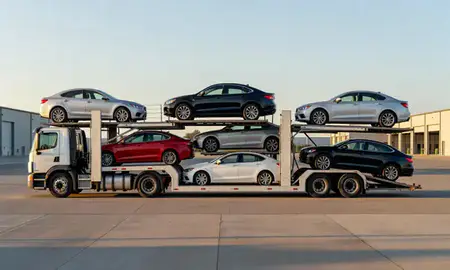 Car transporter parked in an industrial area of Castleton Four Corners, Vermont, United States