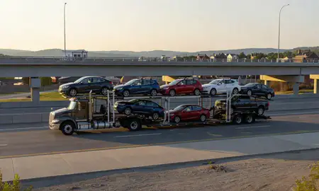 Car transporter with the Castleton Four Corners, Vermont, United States skyline behind it
