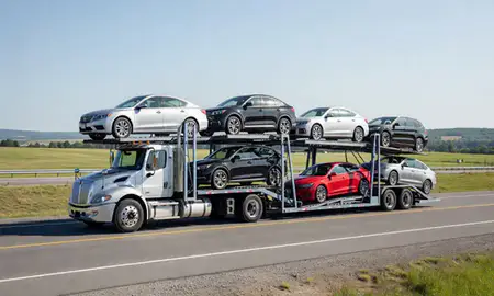 Multi-level car carrier on the highway to Derby Center, Vermont, United States