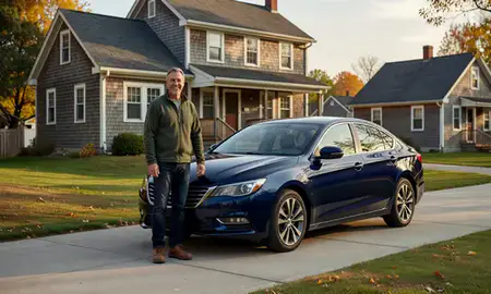 Customer with their delivered car in Derby Center, Vermont, United States