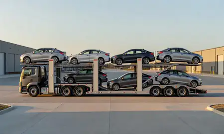 Car transporter parked in an industrial area of Derby Center, Vermont, United States