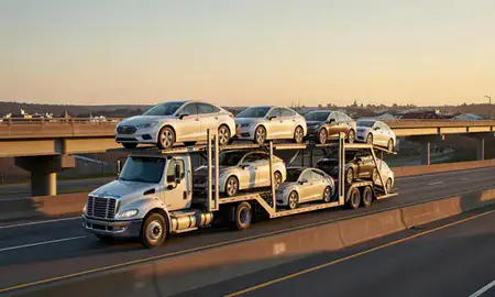 Car transporter with the Derby Center, Vermont, United States skyline behind it