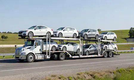 Multi-level car carrier on the highway to Derby Line, Vermont, United States