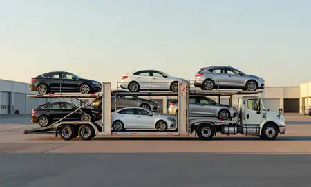 Car transporter parked in an industrial area of Derby Line, Vermont, United States