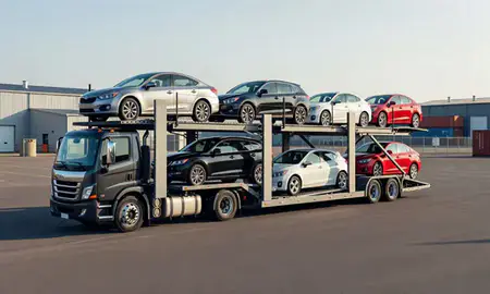Car transporter loaded with vehicles in Derby Line, Vermont, United States