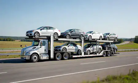 Multi-level car carrier on the highway to East Barre, Vermont, United States