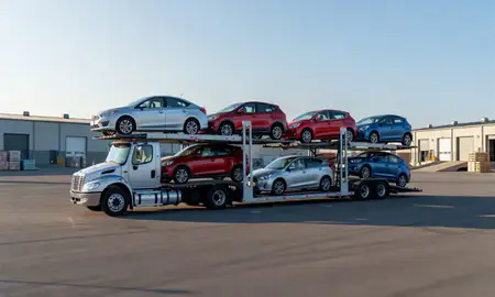 Car transporter loaded with vehicles in East Barre, Vermont, United States