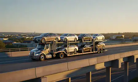 Car transporter with the East Barre, Vermont, United States skyline behind it