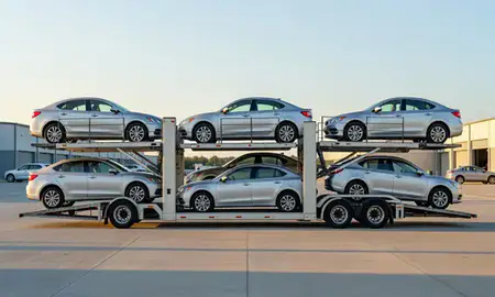 Car transporter parked in an industrial area of Enosburg Falls, Vermont, United States