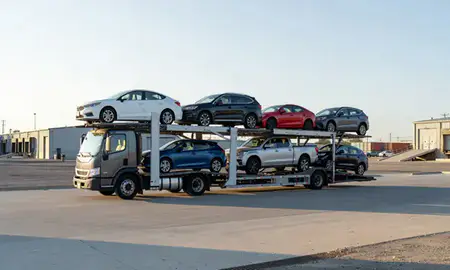 Car transporter loaded with vehicles in Enosburg Falls, Vermont, United States