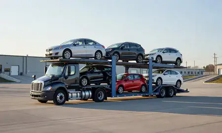 Car transporter loaded with vehicles in Essex Junction, Vermont, United States