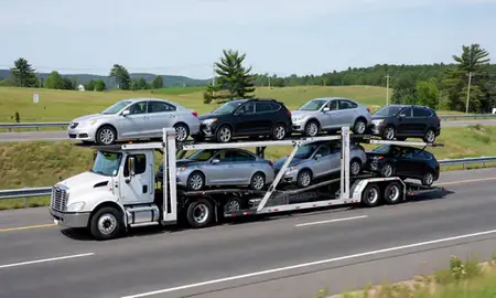 Multi-level car carrier on the highway to Island Pond, Vermont, United States