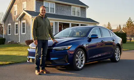 Customer with their delivered car in Island Pond, Vermont, United States