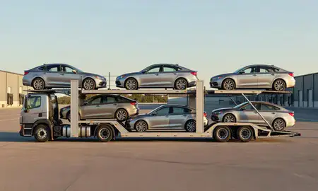 Car transporter parked in an industrial area of Island Pond, Vermont, United States