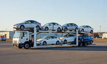Car transporter loaded with vehicles in Island Pond, Vermont, United States
