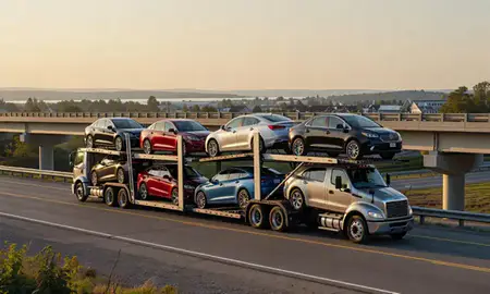 Car transporter with the Island Pond, Vermont, United States skyline behind it