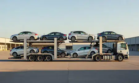 Car transporter parked in an industrial area of Jeffersonville, Vermont, United States