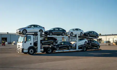 Car transporter loaded with vehicles in Jeffersonville, Vermont, United States