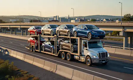 Car transporter with the Jeffersonville, Vermont, United States skyline behind it