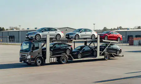 Car transporter loaded with vehicles in Lyndonville, Vermont, United States